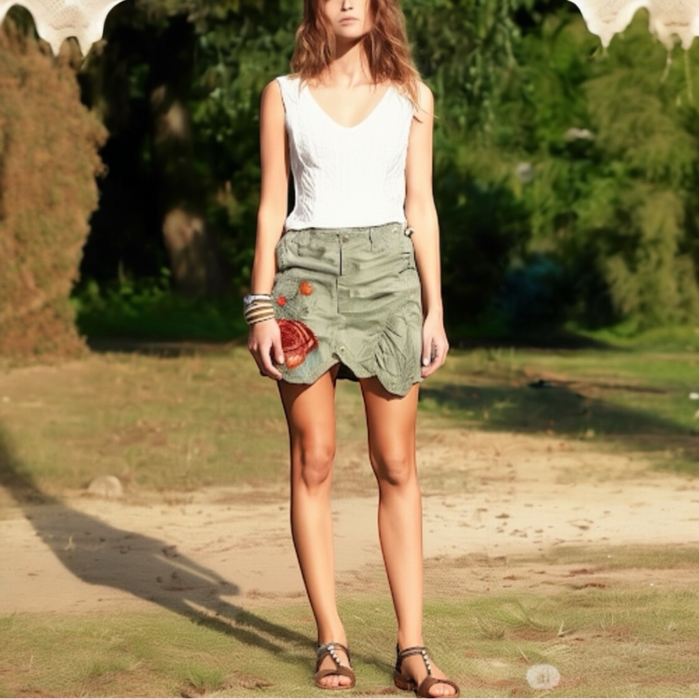Moon Khaki Camo Floral Embroidered Mini Skirt Size Medium Y2K Grunge